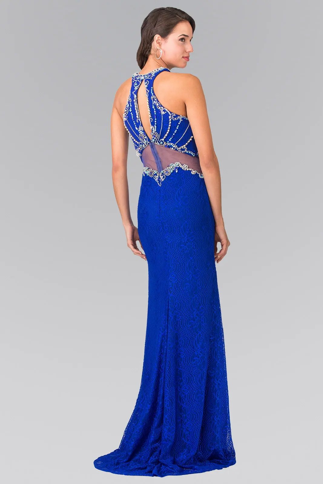 Halter-Neck Lace Long Dress with Illusion Waistline by Tux-USA