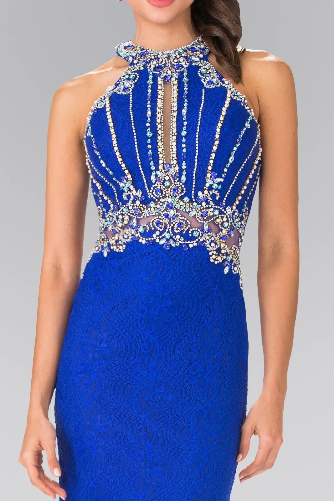 Halter-Neck Lace Long Dress with Illusion Waistline by Tux-USA