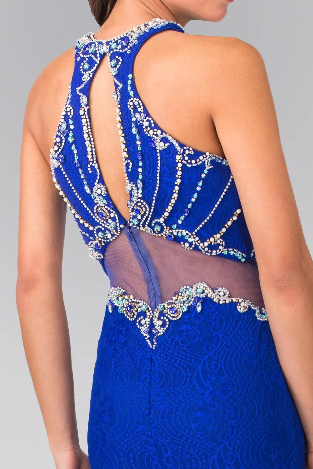 Halter-Neck Lace Long Dress with Illusion Waistline by Tux-USA