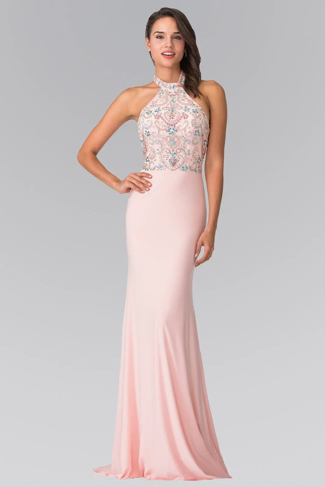 Halter-Neck Multi-Color Beads Embellished Jersey Long by Tux-USA