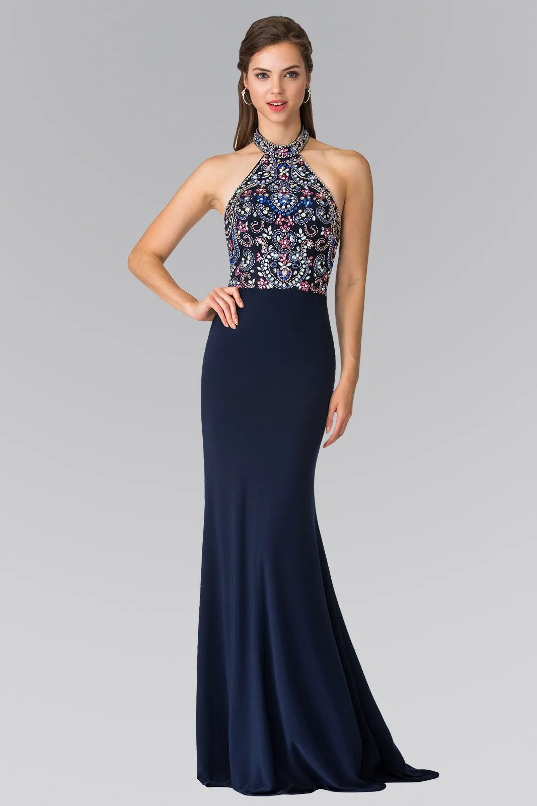 Halter-Neck Multi-Color Beads Embellished Jersey Long by Tux-USA