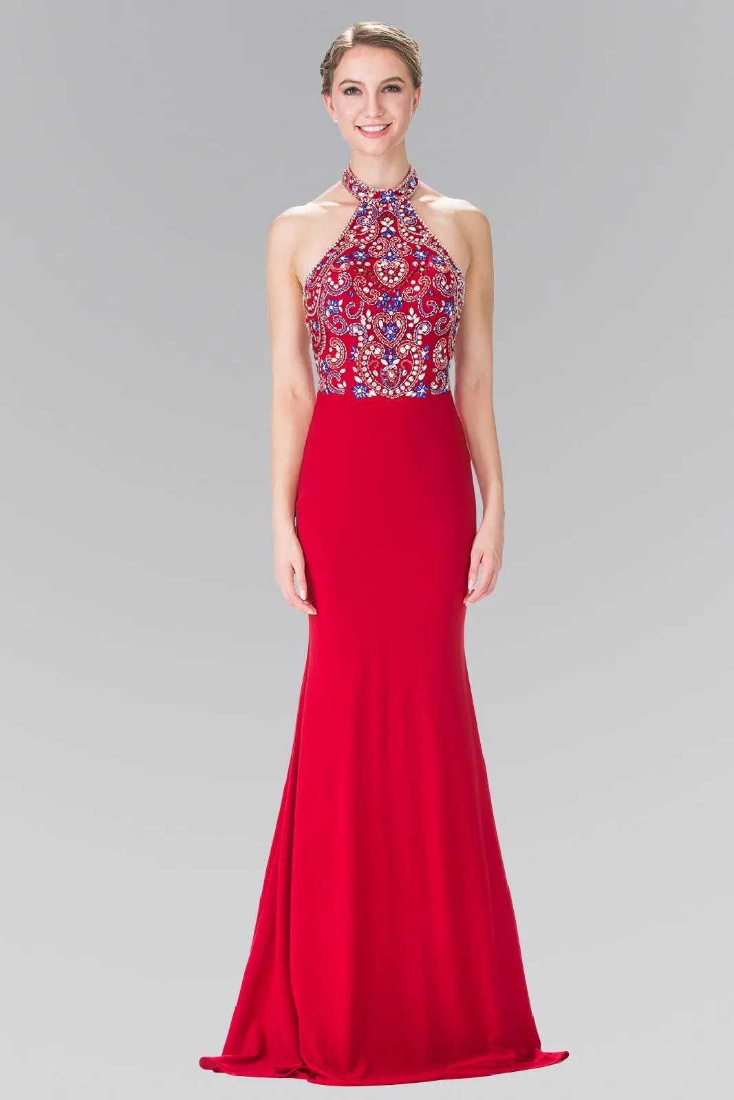 Halter-Neck Multi-Color Beads Embellished Jersey Long by Tux-USA
