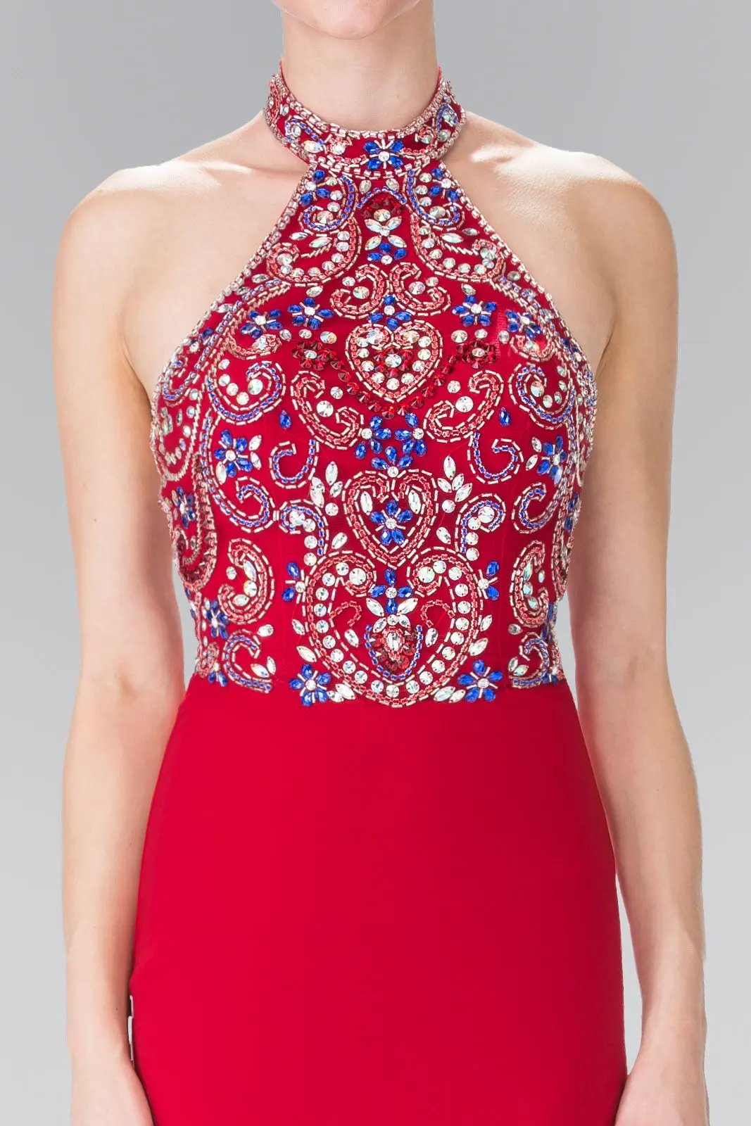 Halter-Neck Multi-Color Beads Embellished Jersey Long by Tux-USA