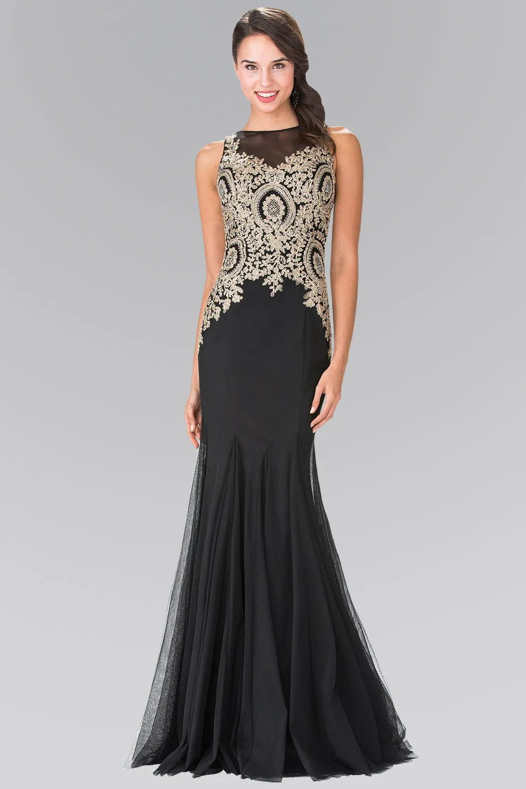 Embroidered Bodice Long Dress with Sheer Back by Tux-USA