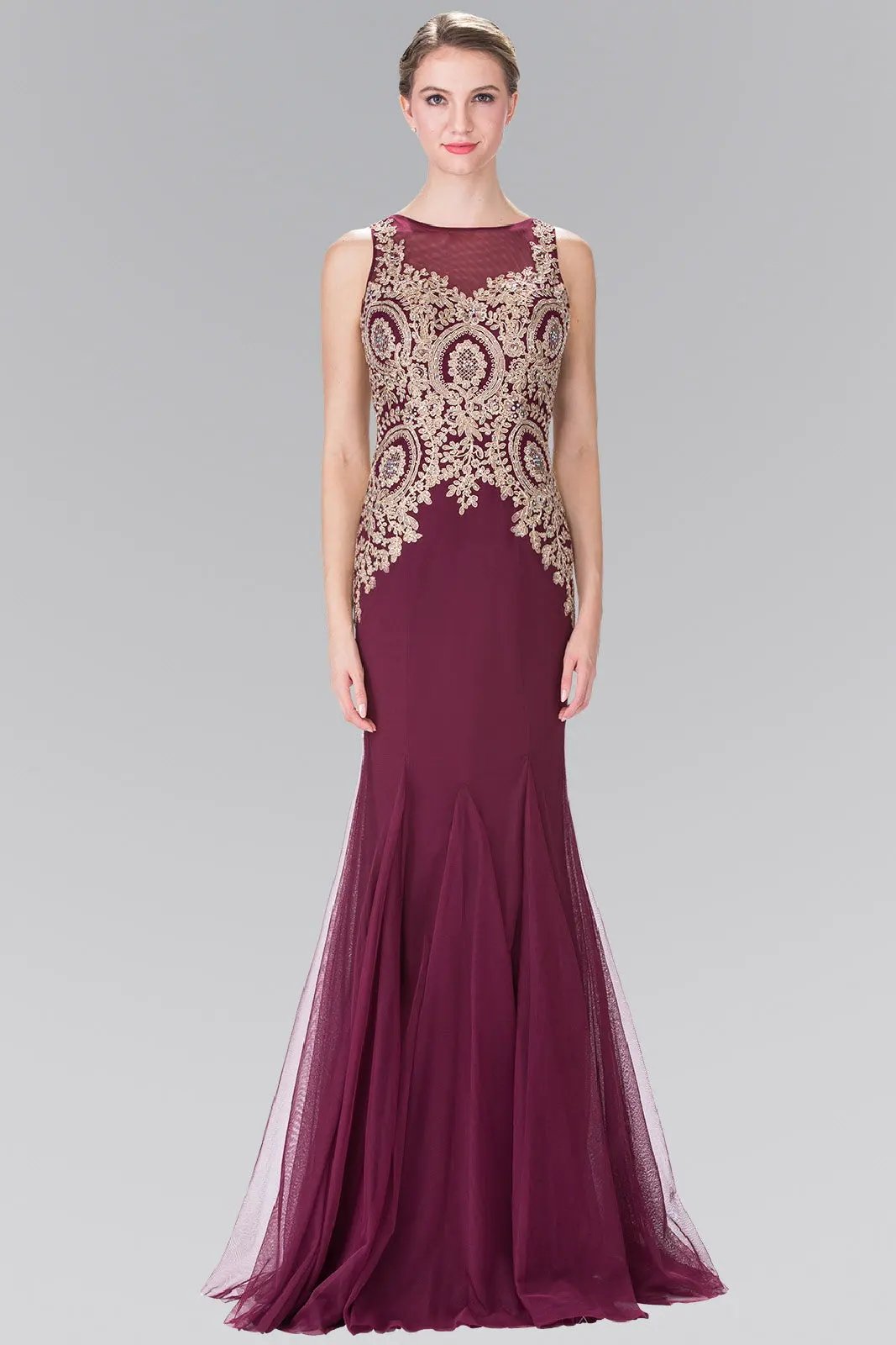 Embroidered Bodice Long Dress with Sheer Back by Tux-USA