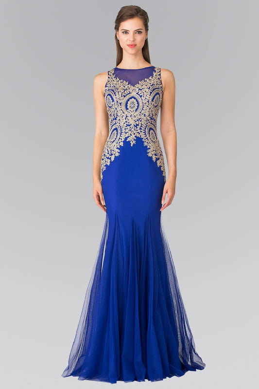 Embroidered Bodice Long Dress with Sheer Back by Tux-USA