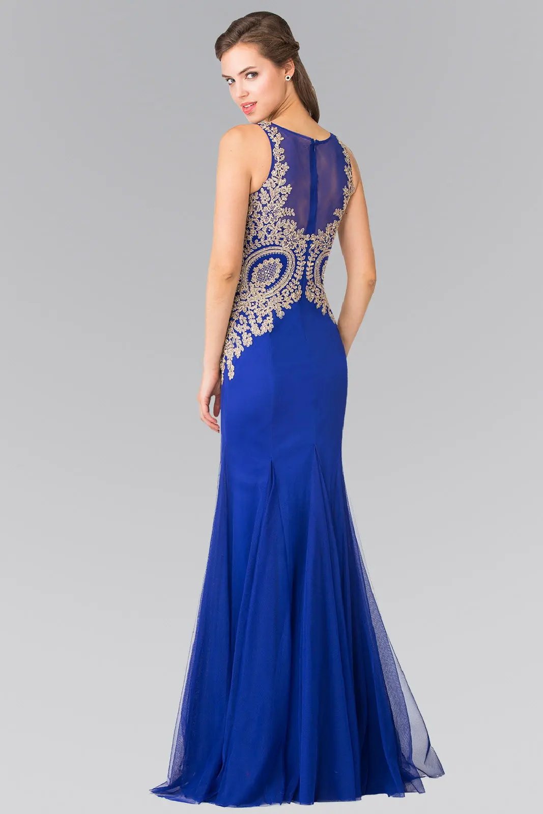 Embroidered Bodice Long Dress with Sheer Back by Tux-USA
