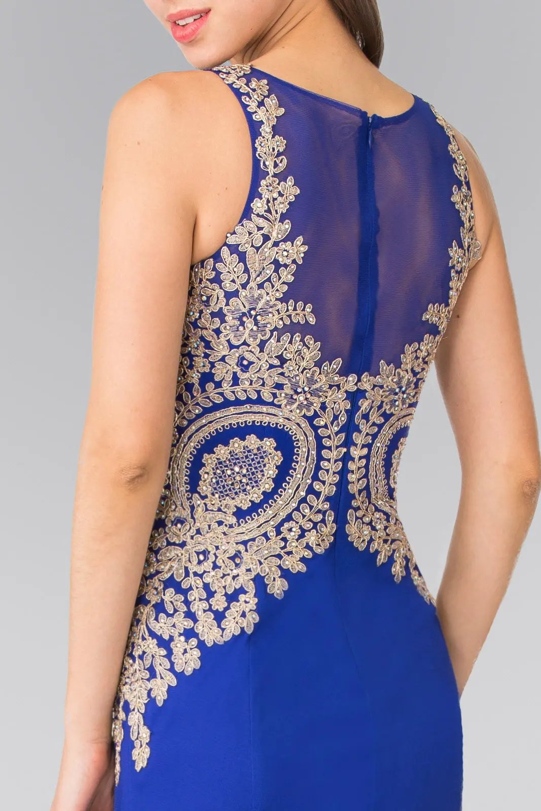 Embroidered Bodice Long Dress with Sheer Back by Tux-USA