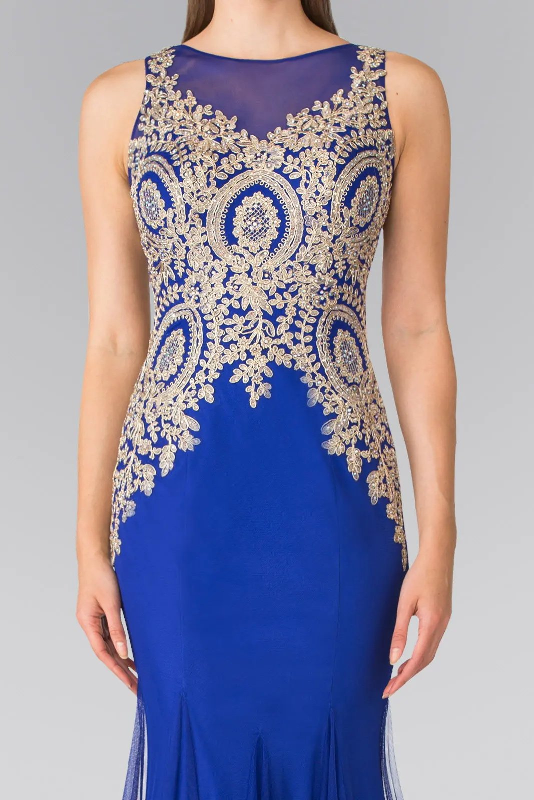 Embroidered Bodice Long Dress with Sheer Back by Tux-USA