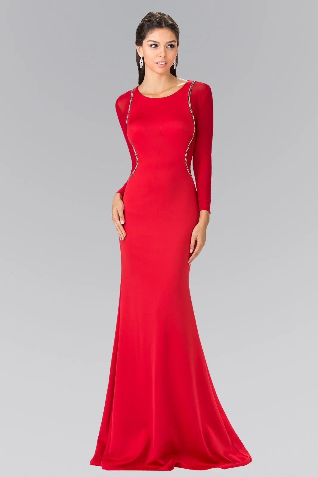 Sheer Long Sleeve Jersey Long Dress Accented with Beaded Details by Tux-USA