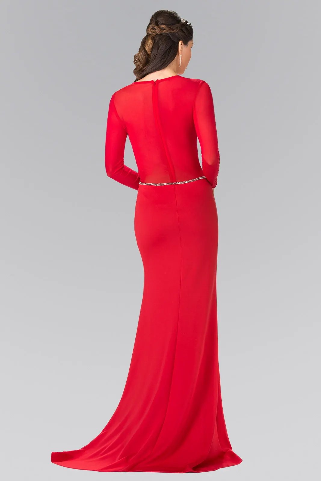 Sheer Long Sleeve Jersey Long Dress Accented with Beaded Details by Tux-USA