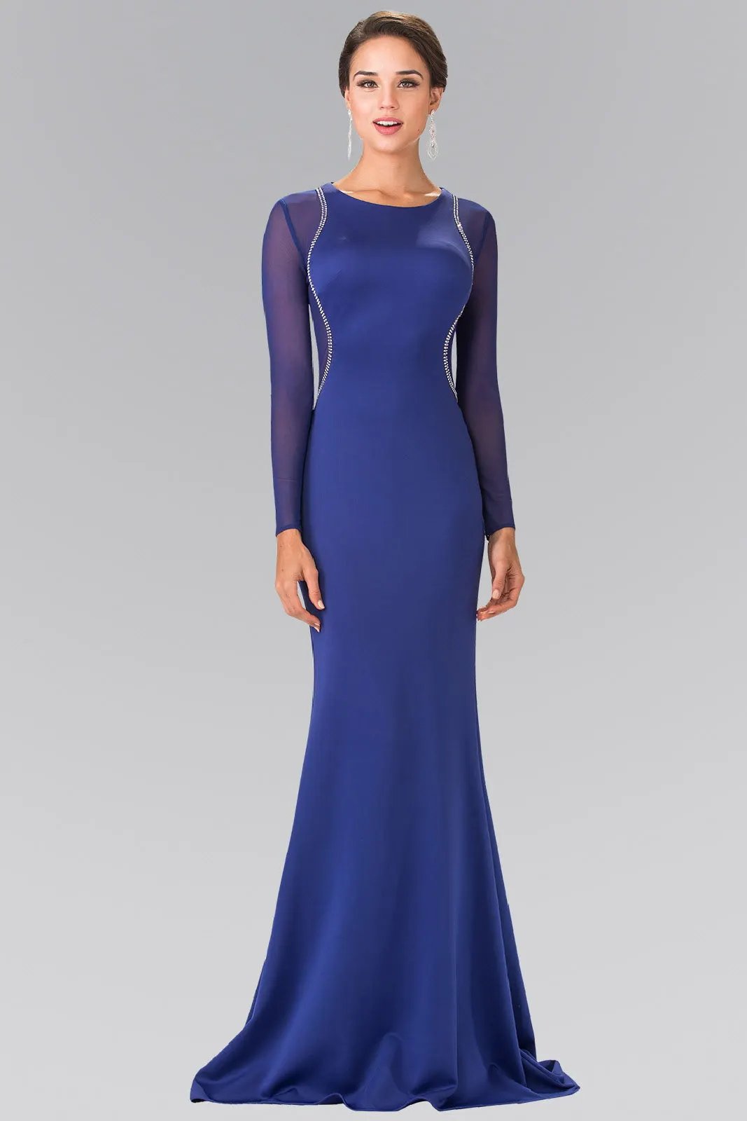 Sheer Long Sleeve Jersey Long Dress Accented with Beaded Details by Tux-USA