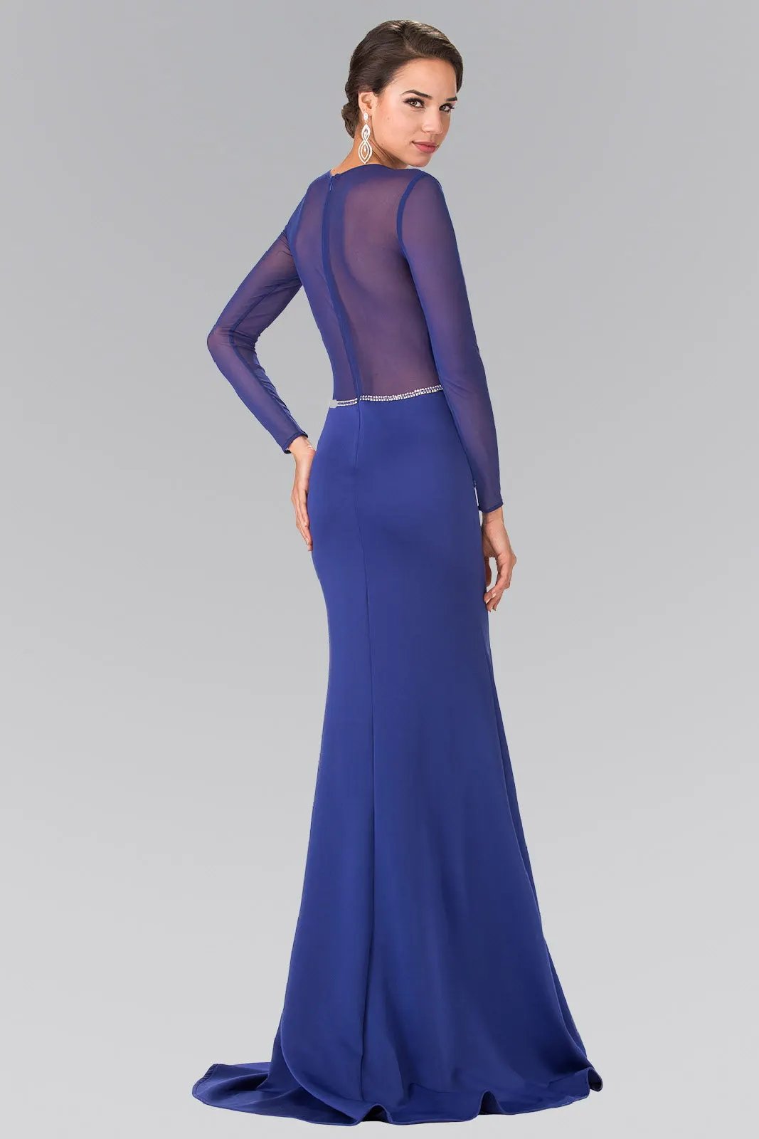 Sheer Long Sleeve Jersey Long Dress Accented with Beaded Details by Tux-USA