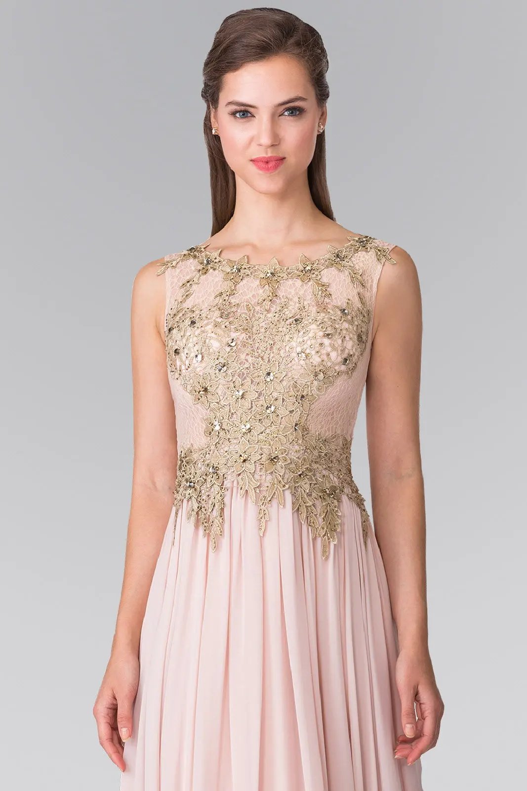 Dress Long Floral Lace Chiffon Beaded Bodice Sheer Back Evening by Tux-USA