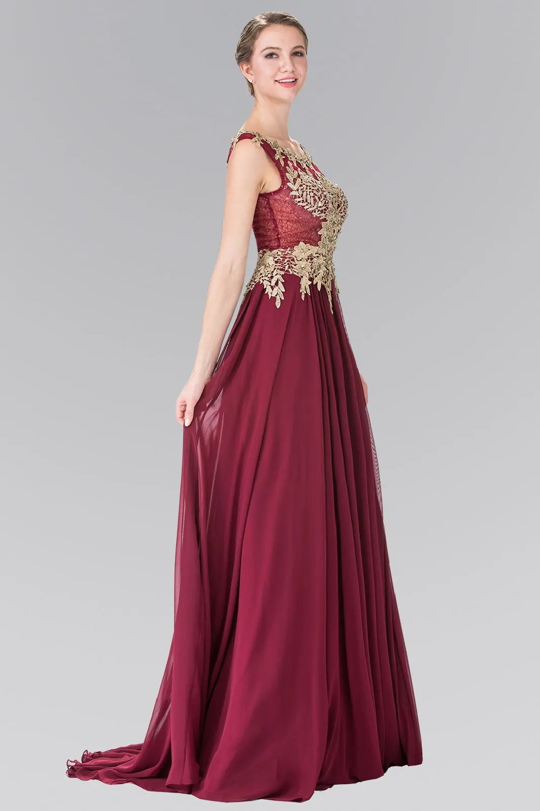 Dress Long Floral Lace Chiffon Beaded Bodice Sheer Back Evening by Tux-USA