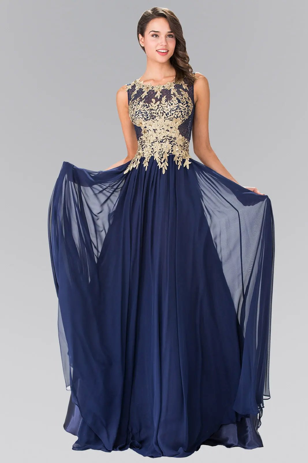 Dress Long Floral Lace Chiffon Beaded Bodice Sheer Back Evening by Tux-USA