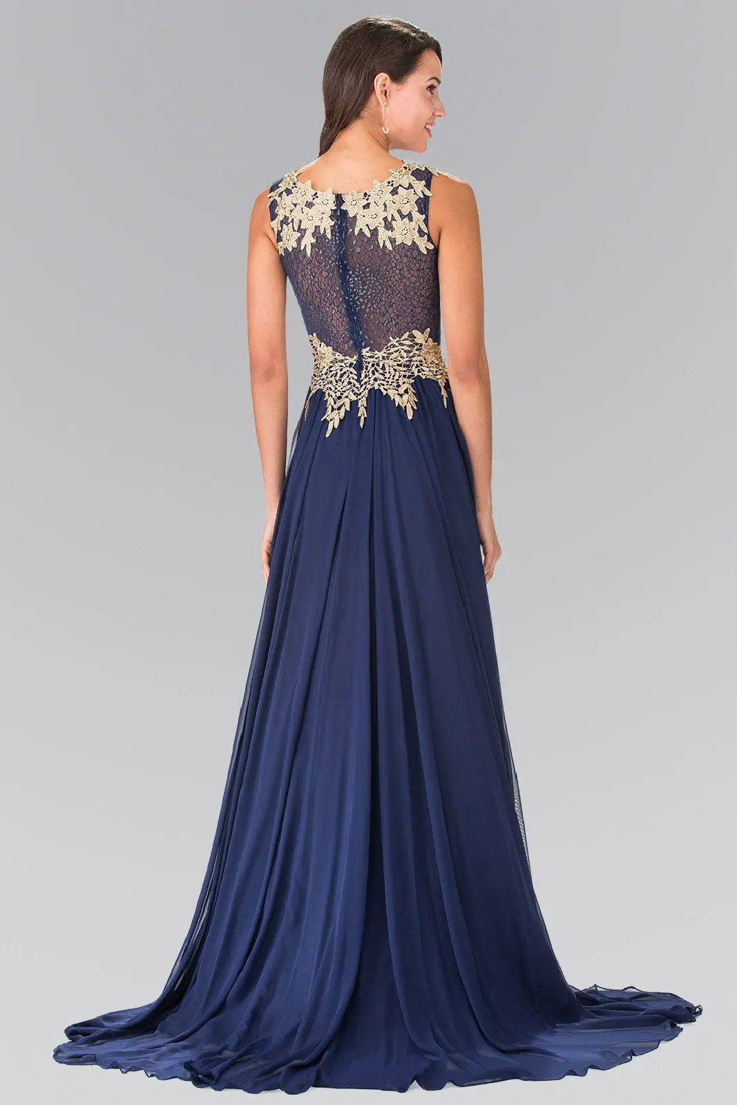 Dress Long Floral Lace Chiffon Beaded Bodice Sheer Back Evening by Tux-USA