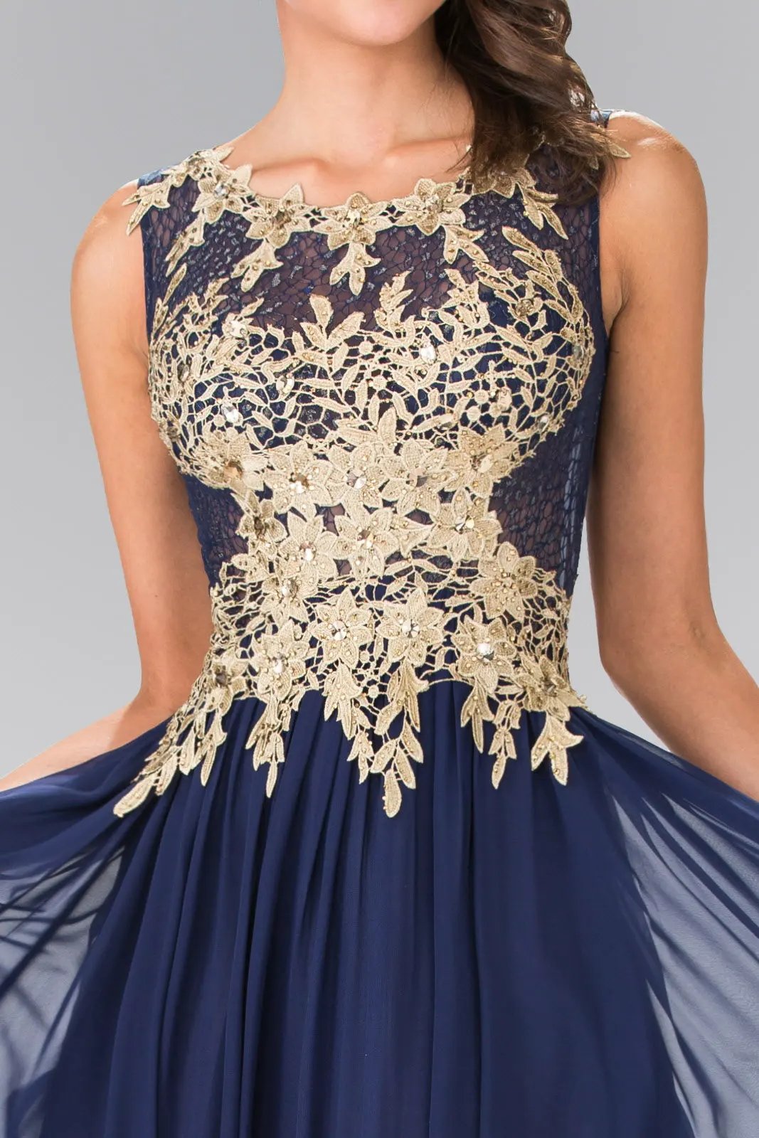 Dress Long Floral Lace Chiffon Beaded Bodice Sheer Back Evening by Tux-USA