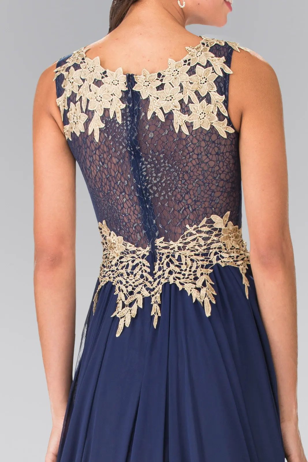 Dress Long Floral Lace Chiffon Beaded Bodice Sheer Back Evening by Tux-USA