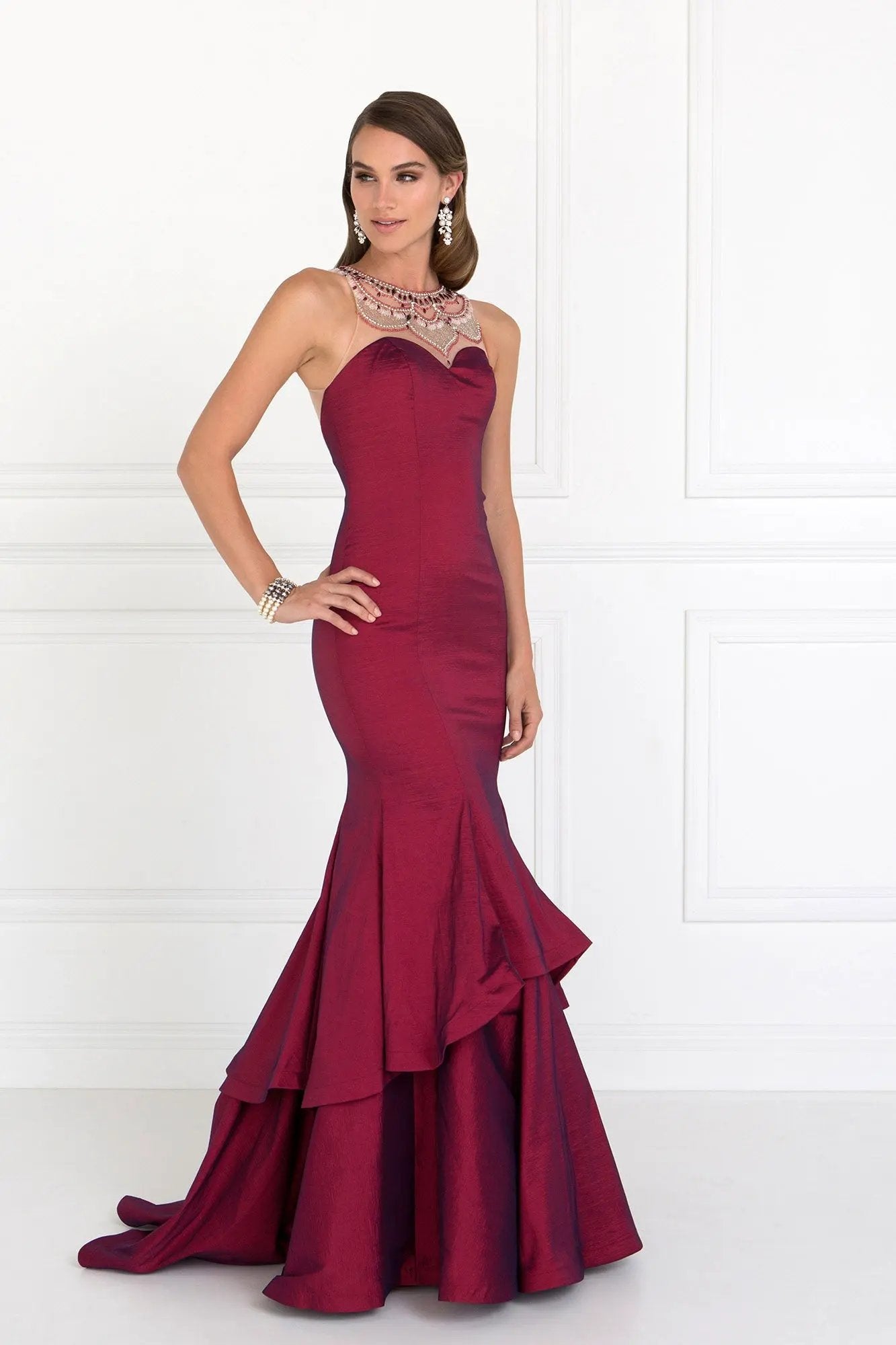 Gorgeous Long Jewel Accented Taffeta Long Dress with Two-Tier Skirt by Tux-USA