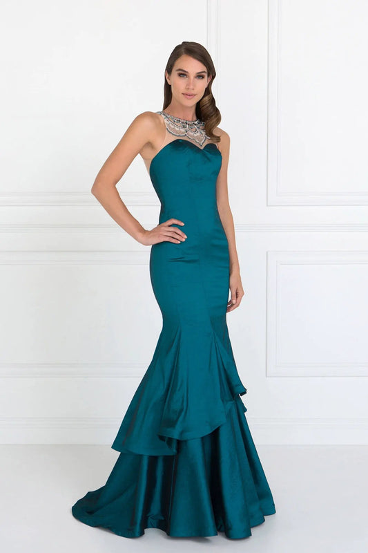 Gorgeous Long Jewel Accented Taffeta Long Dress with Two-Tier Skirt by Tux-USA