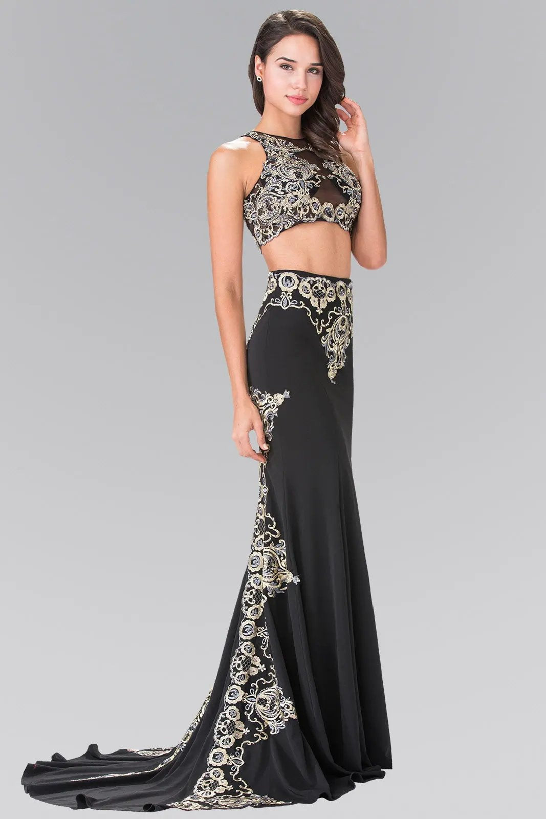 Two-Piece Embroidery Jersey Long Dress with Tail by Tux-USA