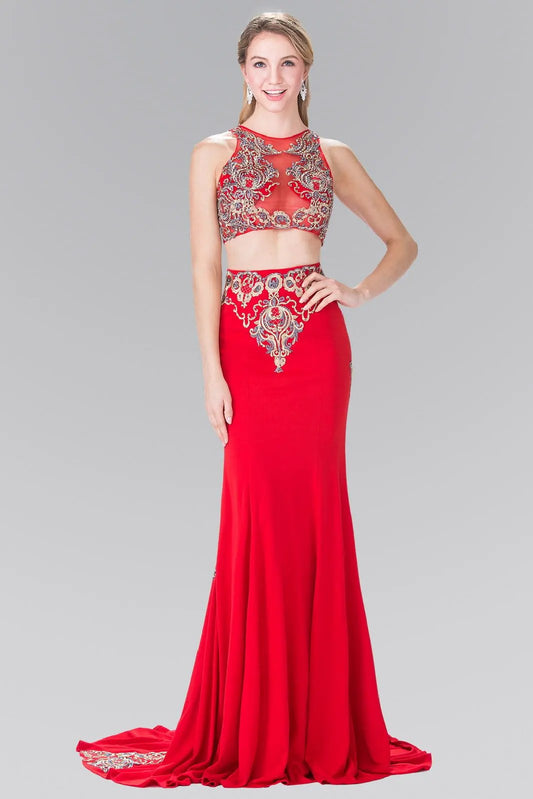 Two-Piece Embroidery Jersey Long Dress with Tail by Tux-USA
