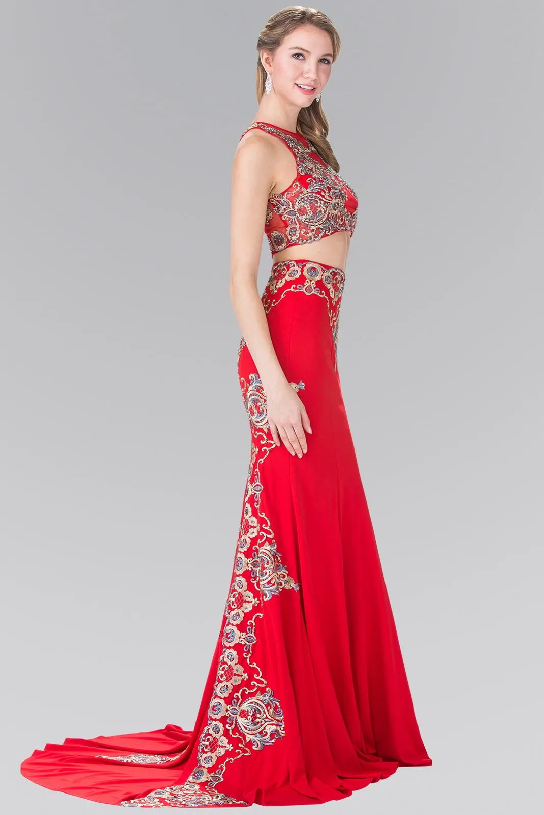 Two-Piece Embroidery Jersey Long Dress with Tail by Tux-USA