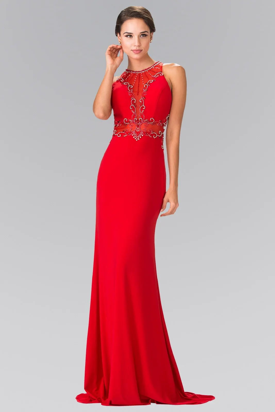Beads Embellished Jersey Long Dress with Sheer Back by Tux-USA