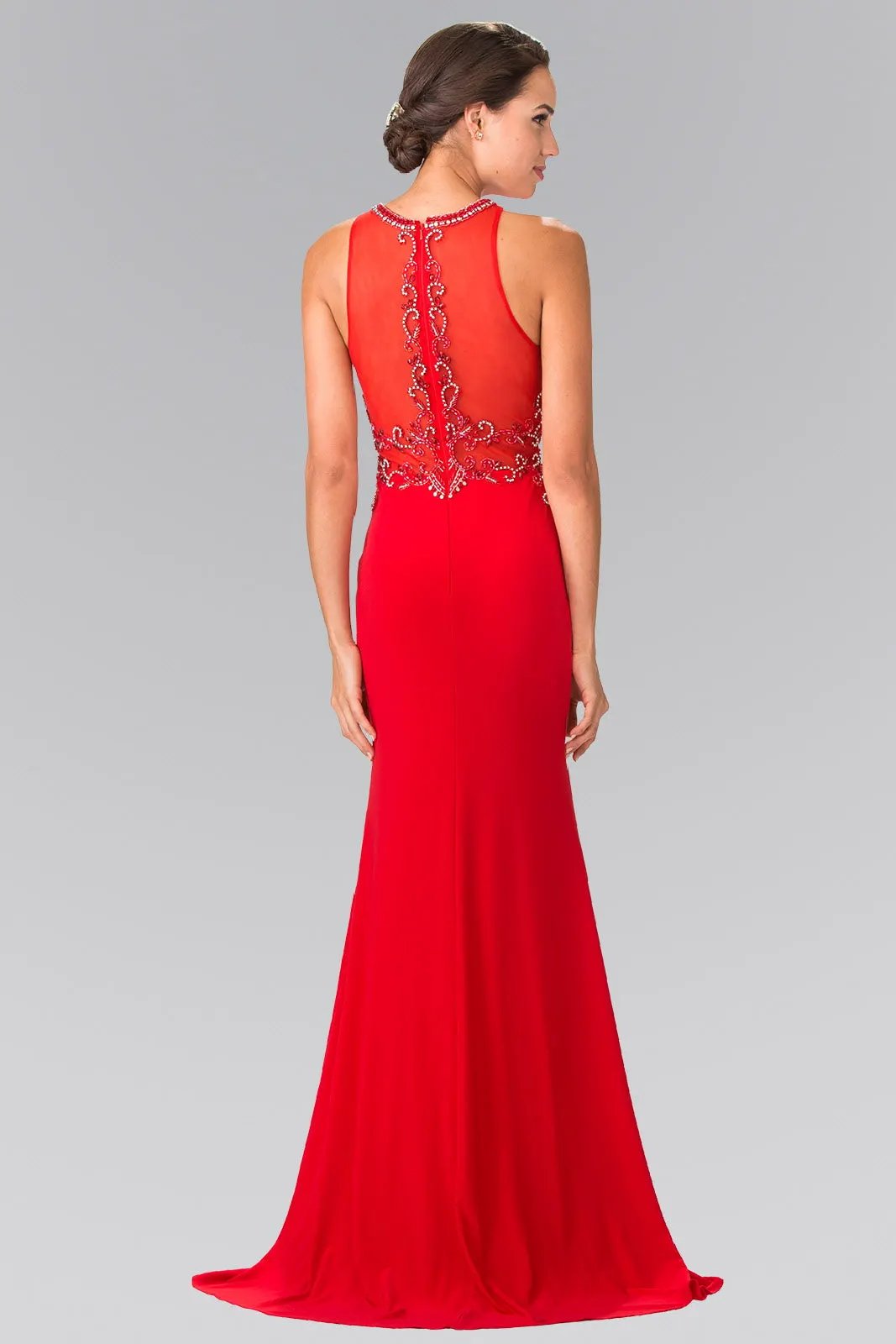 Beads Embellished Jersey Long Dress with Sheer Back by Tux-USA