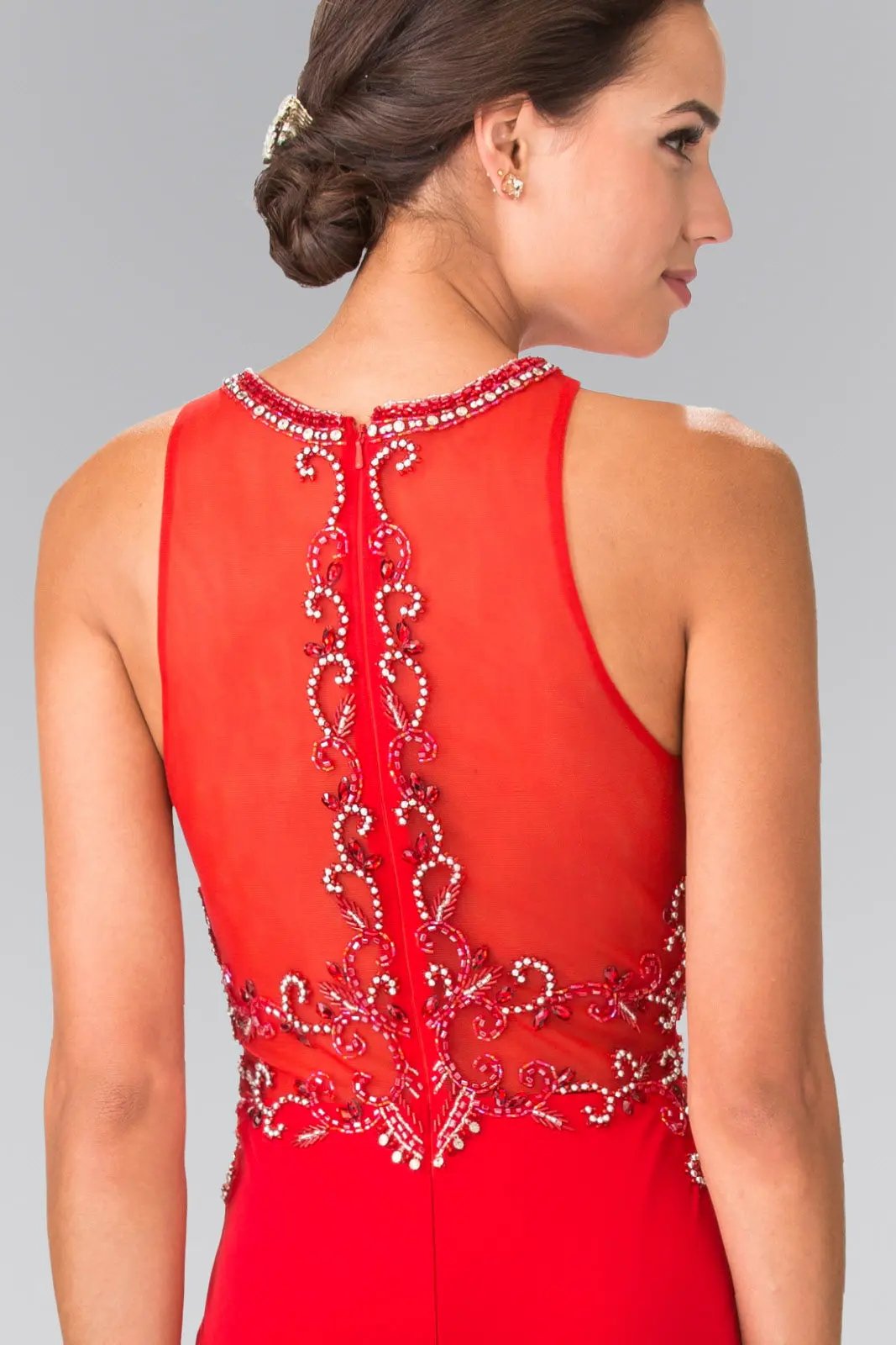 Beads Embellished Jersey Long Dress with Sheer Back by Tux-USA