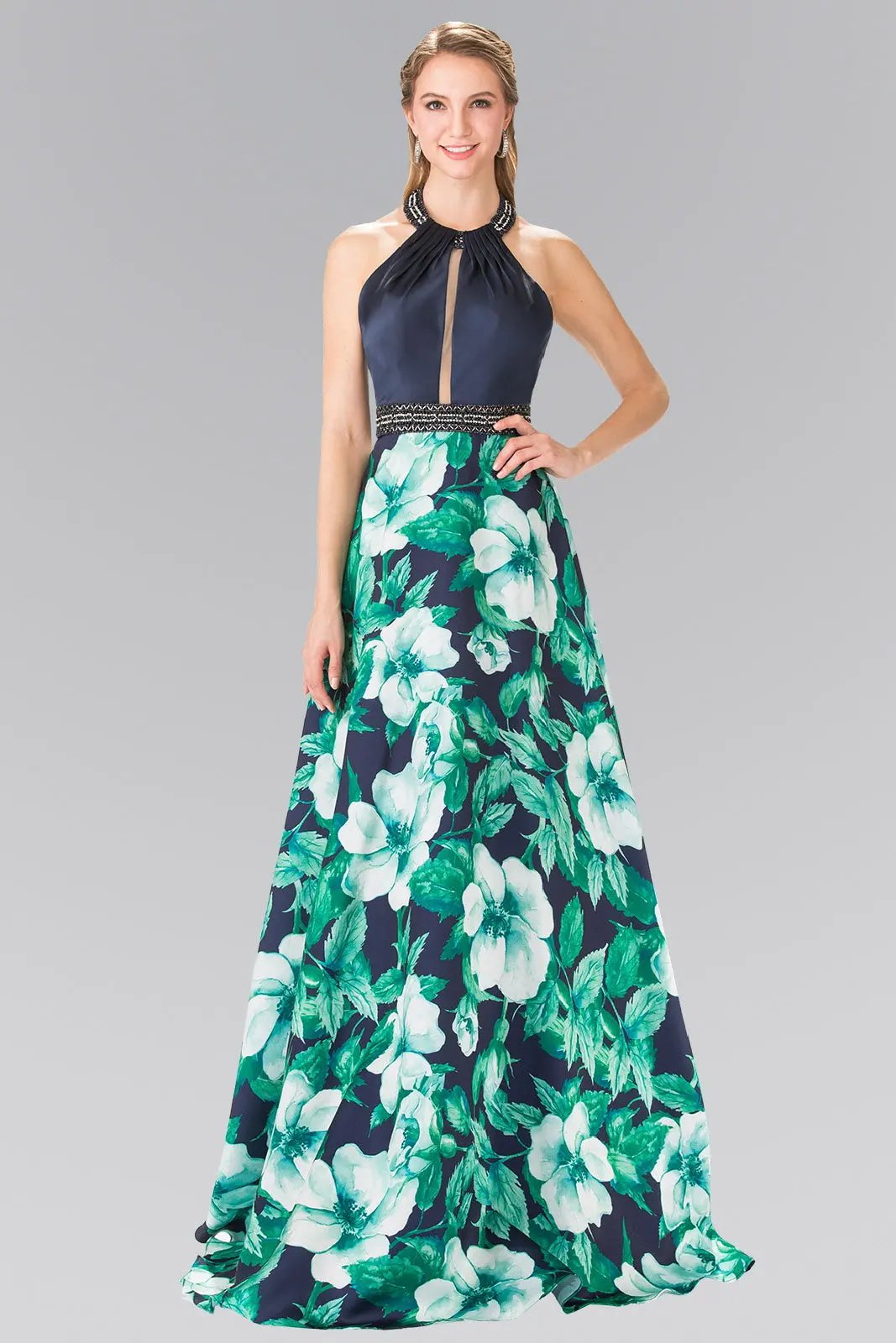 Flower Print Halter-Neck Mikado Long Dress by Tux-USA