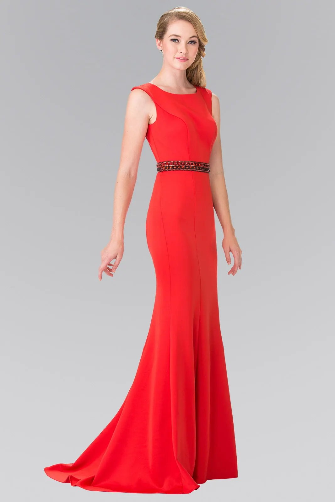 Beaded Waist Line Jersey Long Dress with Cut-Out Back by Tux-USA