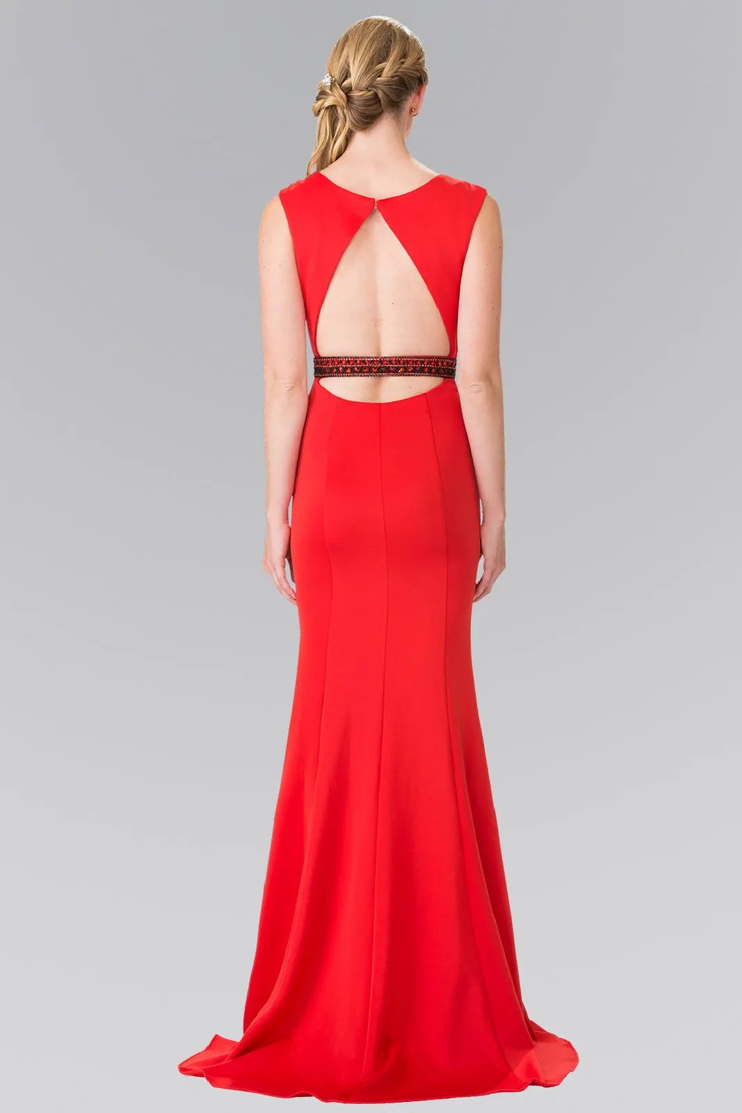 Beaded Waist Line Jersey Long Dress with Cut-Out Back by Tux-USA