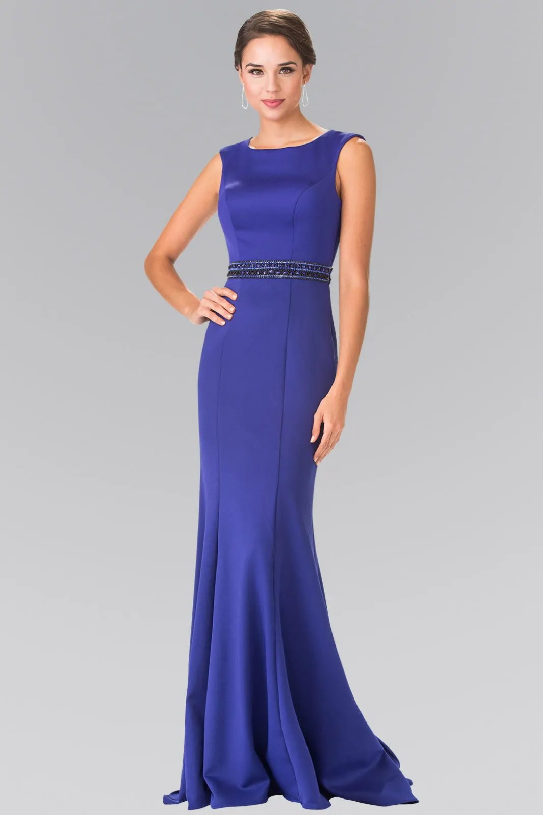 Beaded Waist Line Jersey Long Dress with Cut-Out Back by Tux-USA