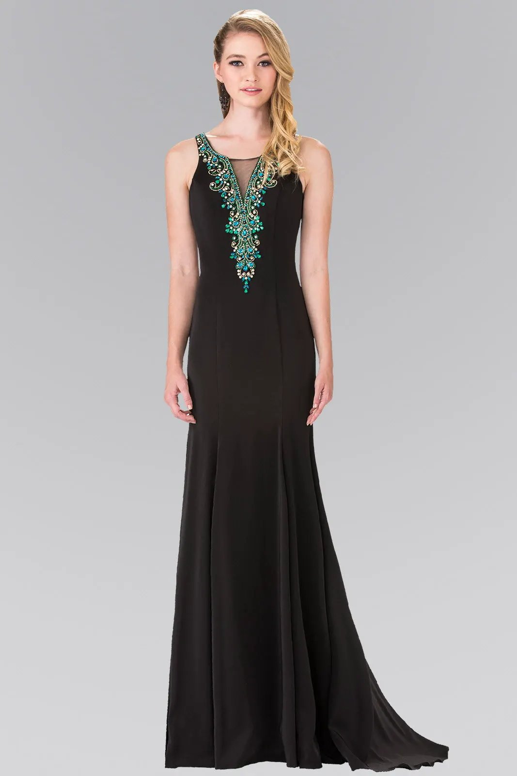 Evening Dress Illusion V-Neck Beaded Top Rome Jersey Deep Teal by Tux-USA