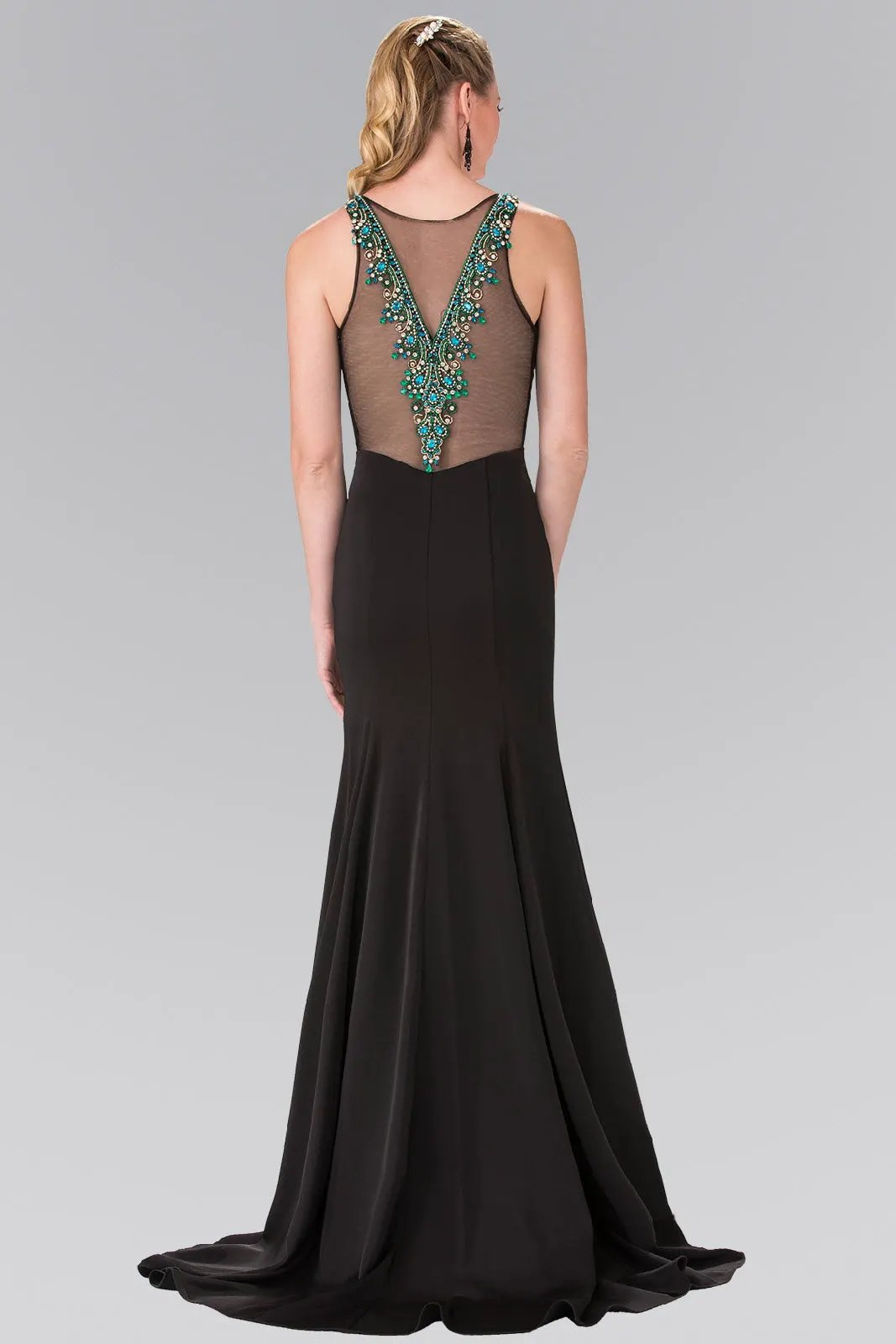 Evening Dress Illusion V-Neck Beaded Top Rome Jersey Deep Teal by Tux-USA