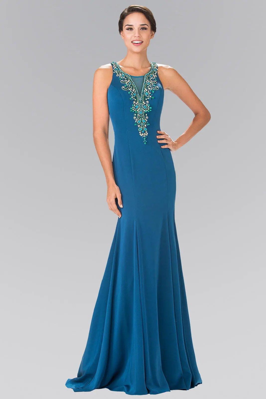 Evening Dress Illusion V-Neck Beaded Top Rome Jersey Deep Teal by Tux-USA