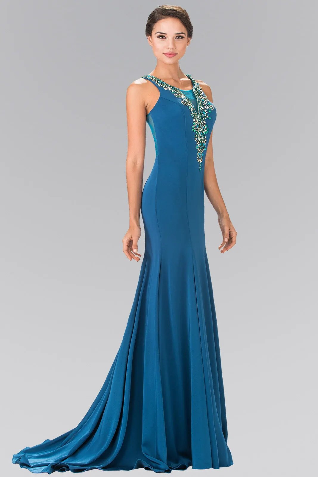 Evening Dress Illusion V-Neck Beaded Top Rome Jersey Deep Teal by Tux-USA