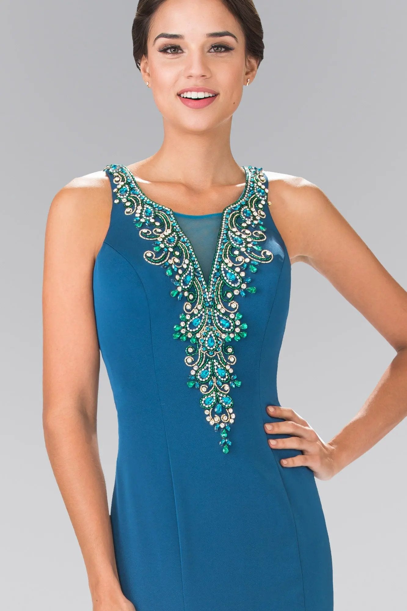 Evening Dress Illusion V-Neck Beaded Top Rome Jersey Deep Teal by Tux-USA
