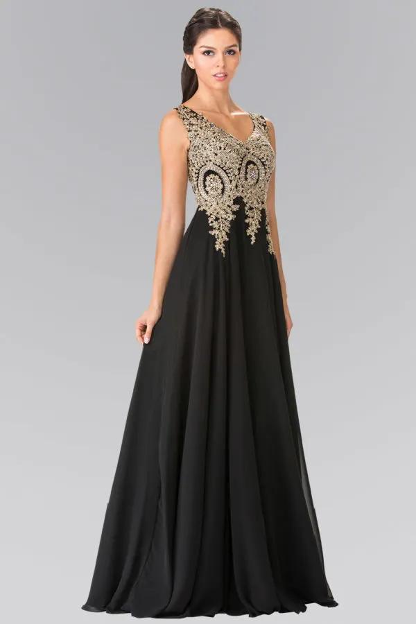 V-Neck Embroidered Chiffon Long Dress by Tux-USA