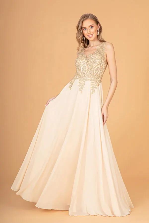 V-Neck Embroidered Chiffon Long Dress by Tux-USA
