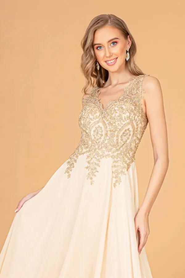 V-Neck Embroidered Chiffon Long Dress by Tux-USA