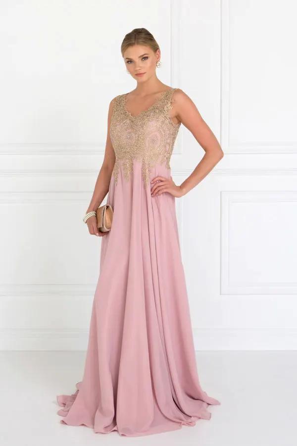 V-Neck Embroidered Chiffon Long Dress by Tux-USA