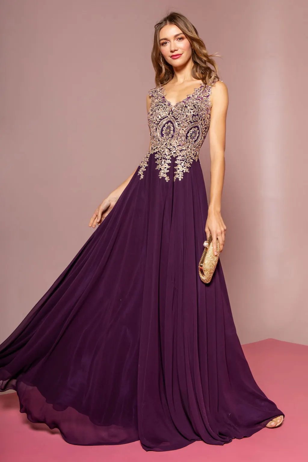 V-Neck Embroidered Chiffon Long Dress by Tux-USA