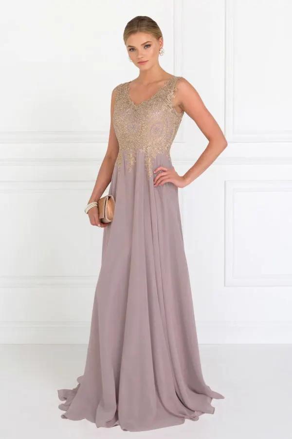 V-Neck Embroidered Chiffon Long Dress by Tux-USA