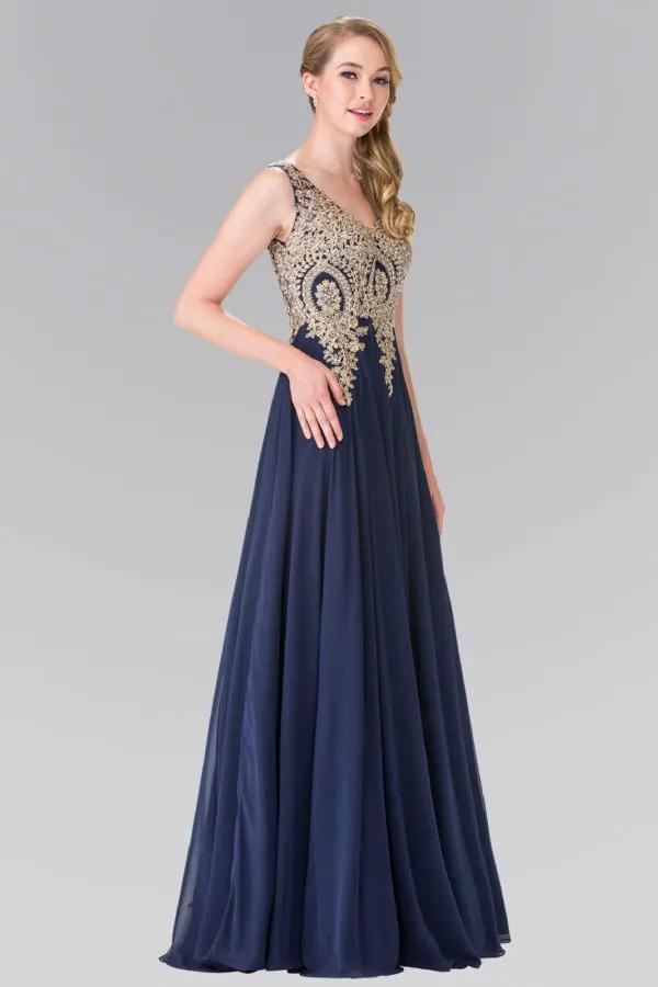 V-Neck Embroidered Chiffon Long Dress by Tux-USA