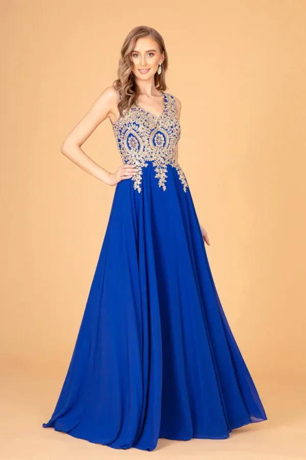 V-Neck Embroidered Chiffon Long Dress by Tux-USA