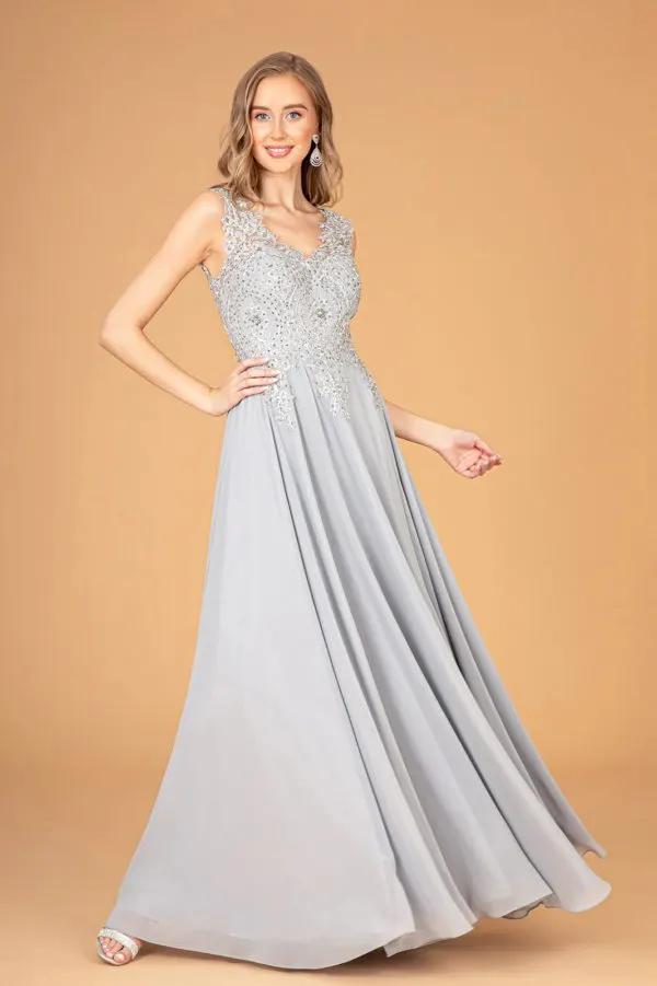 V-Neck Embroidered Chiffon Long Dress by Tux-USA