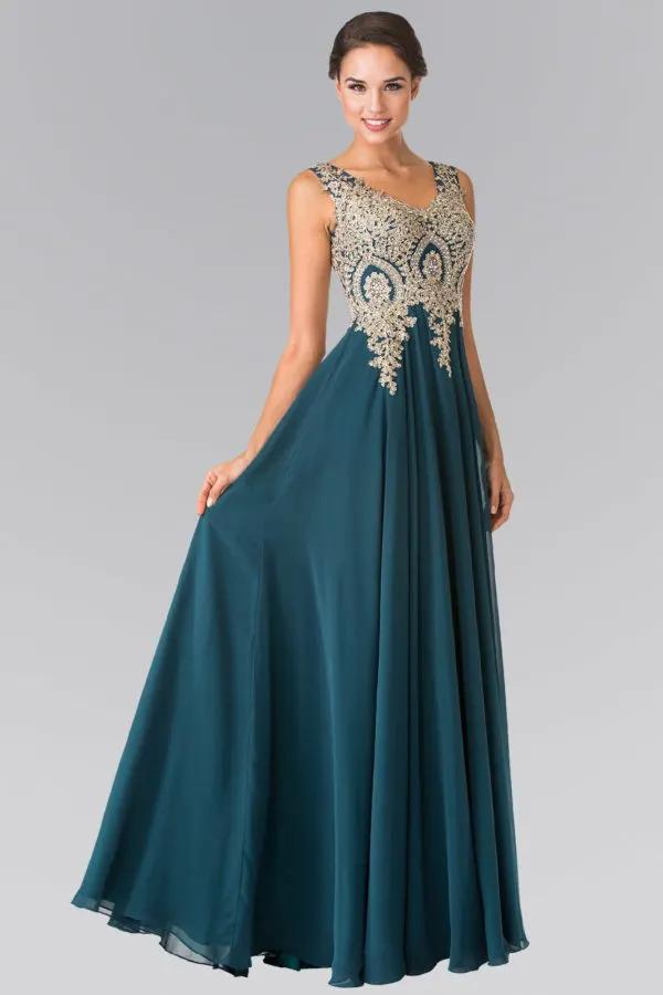 V-Neck Embroidered Chiffon Long Dress by Tux-USA